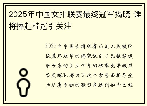 2025年中国女排联赛最终冠军揭晓 谁将捧起桂冠引关注